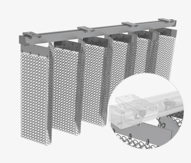 Slide track with folding mechanism is used for chainmail curtain mounting.
