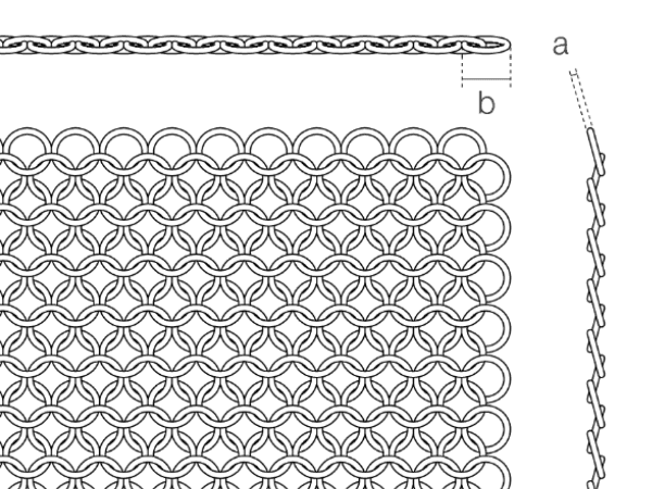 Chainmail curtain structure marked with wire diameter a and ring diameter b