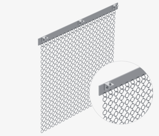 Metal plate and metal rings are used for S hook ring mesh curtain ceiling mounting.
